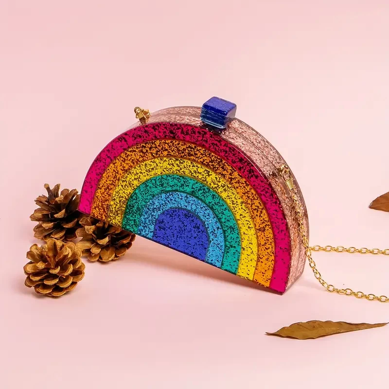Shiny Acrylic Rainbow Clutch Bag, Colorful Chain Crossbody Bag, Creative Glitter Prom Purse For Women