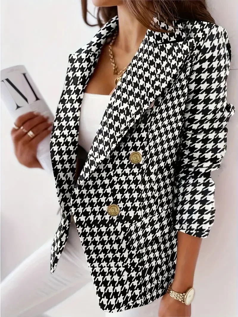 Plus Size Casual Blazer, Women's Plus Houndstooth Print Long Sleeve Lapel Collar Button Blazer