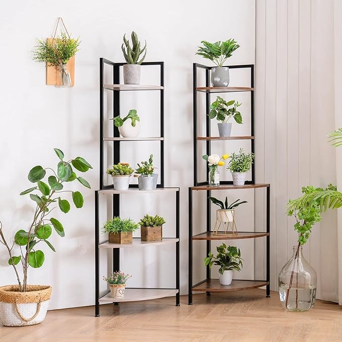 Apicizon 5 Tier Corner Shelf, Industrial Corner Bookshelf with Metal Frame, Rustic Corner Storage Rack Shelves Display Plant Flower, Stand Bookcase for Home Office, Small Place, Kitchen, Rustic Brown